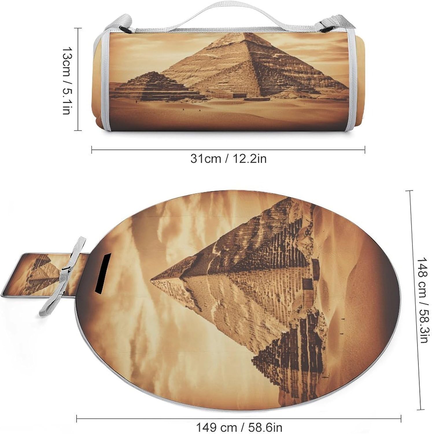 Vintage Great Egyptian Pyramid Picnic Blanket Foldable Outdoor Round Blankets Lightweight Beach Mats Portable Waterproof Park Sand Free Mat for Camping Hiking Sports Activities
