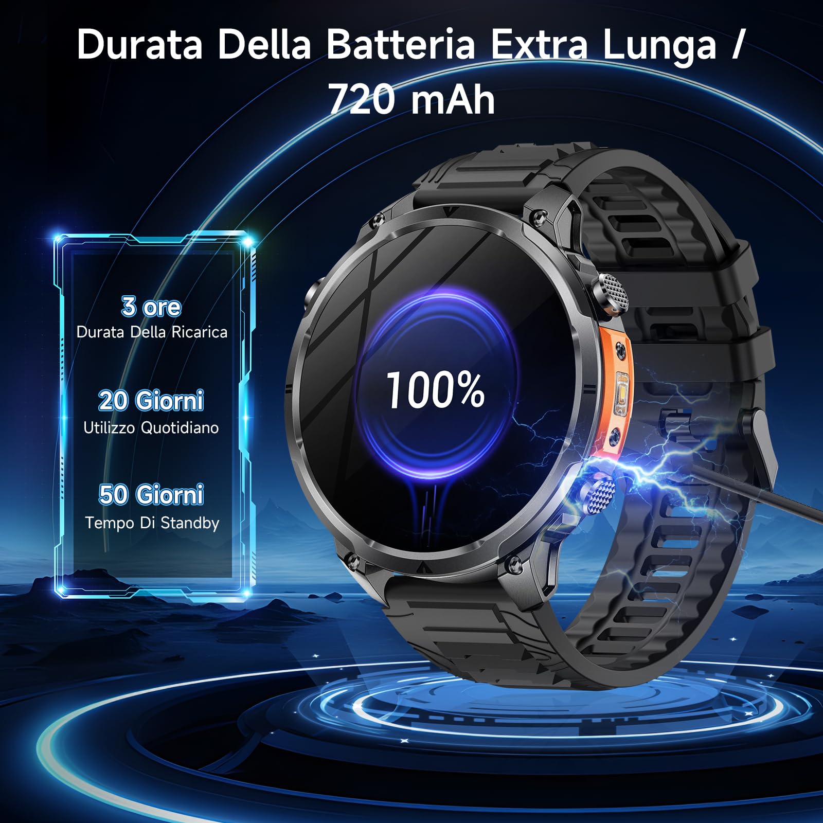 2026 Nuovo GPS Smartwatch, Rugged Orologio Smartwatch Con Chiamate Bluetooth,1.7" Militari Smart Watch Per Frequenza Cardiaca,SpO2,Sonno, Stress,720MAH,Torcia,120+ Modalità Sport Android iOS