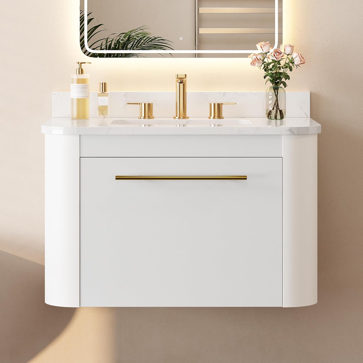LIKIMIO 30" Bathroom Vanity with Sink, Floating Bathroom Vanity with 1 Drawer, Engineered Stone Countertop with Undermount Ceramic Sink, Wall Mounted Bathroom Vanity, Gold Handle, Easy Assembly, White