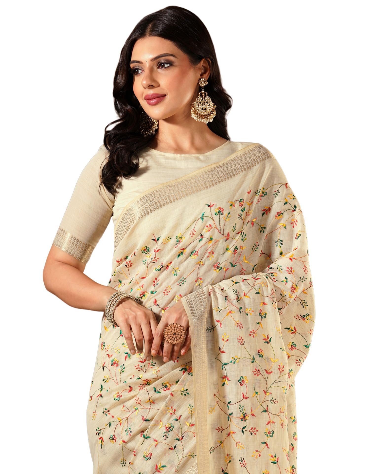 siril Women's Cotton Linen Embroidery Work Saree with Unstitched Blouse Piece-picture-30
