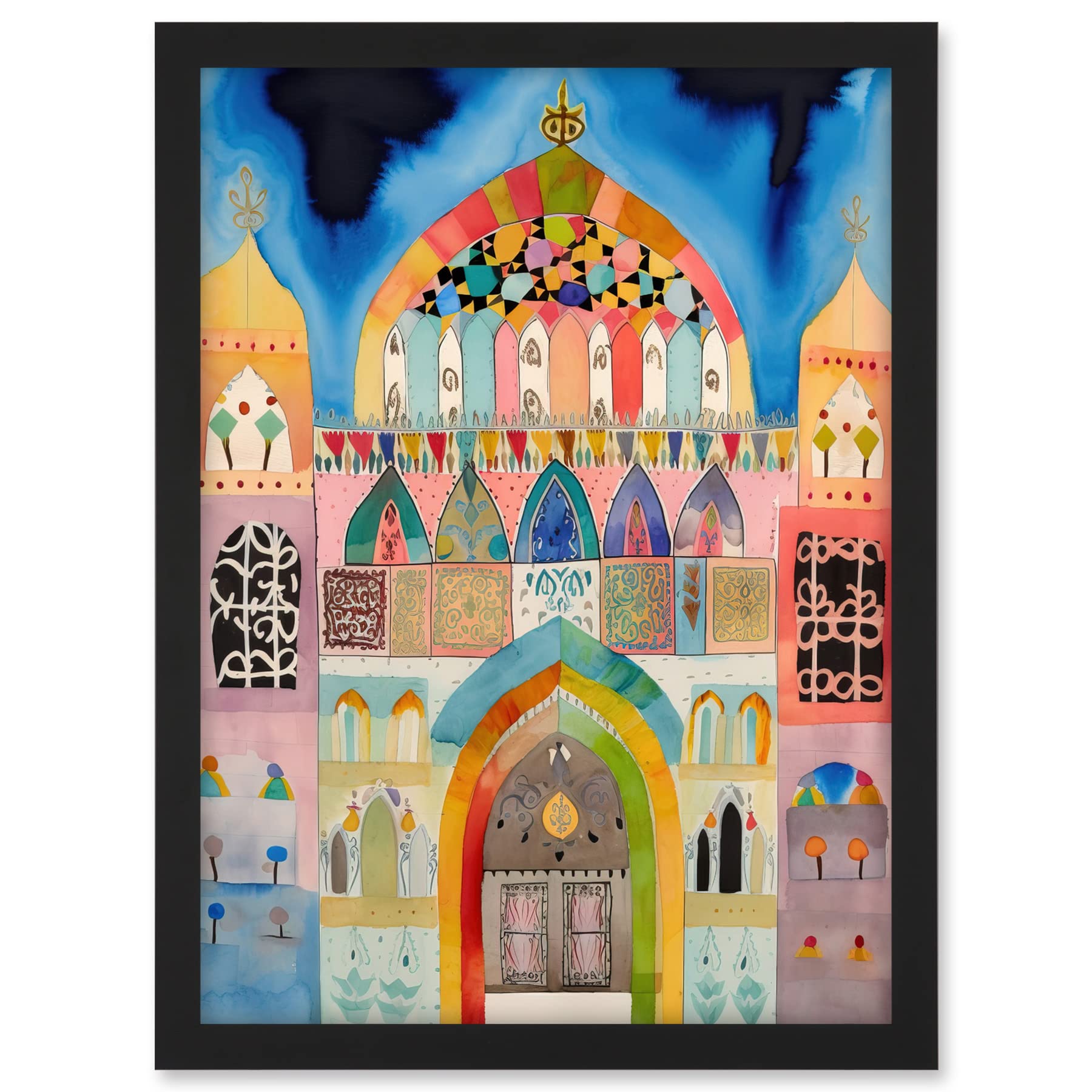 Artery8 Jewish Synagogue Decorated Facade Folk Art Watercolour Painting Artwork Framed A3 Wall Art Print