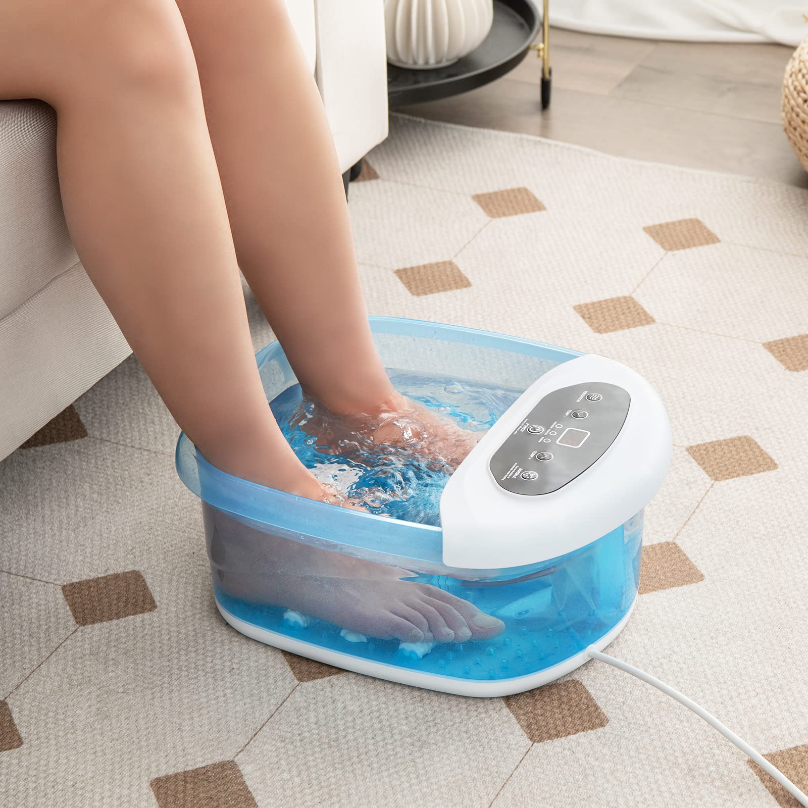 COSTWAY Masajeador de Pies para Baño, Tina para Remojar los Pies con Calor, Burbujas y Vibración, Pediluvio Masajeador con Piedra, Apagado Automático de 1 Hora, Azul