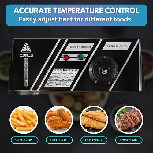 Miniatura 8 de Freidora eléctrica de 6 litros de acero inoxidable de un solo tanque comercial con canasta, control de temperatura de 2500 W, freidora de encimera