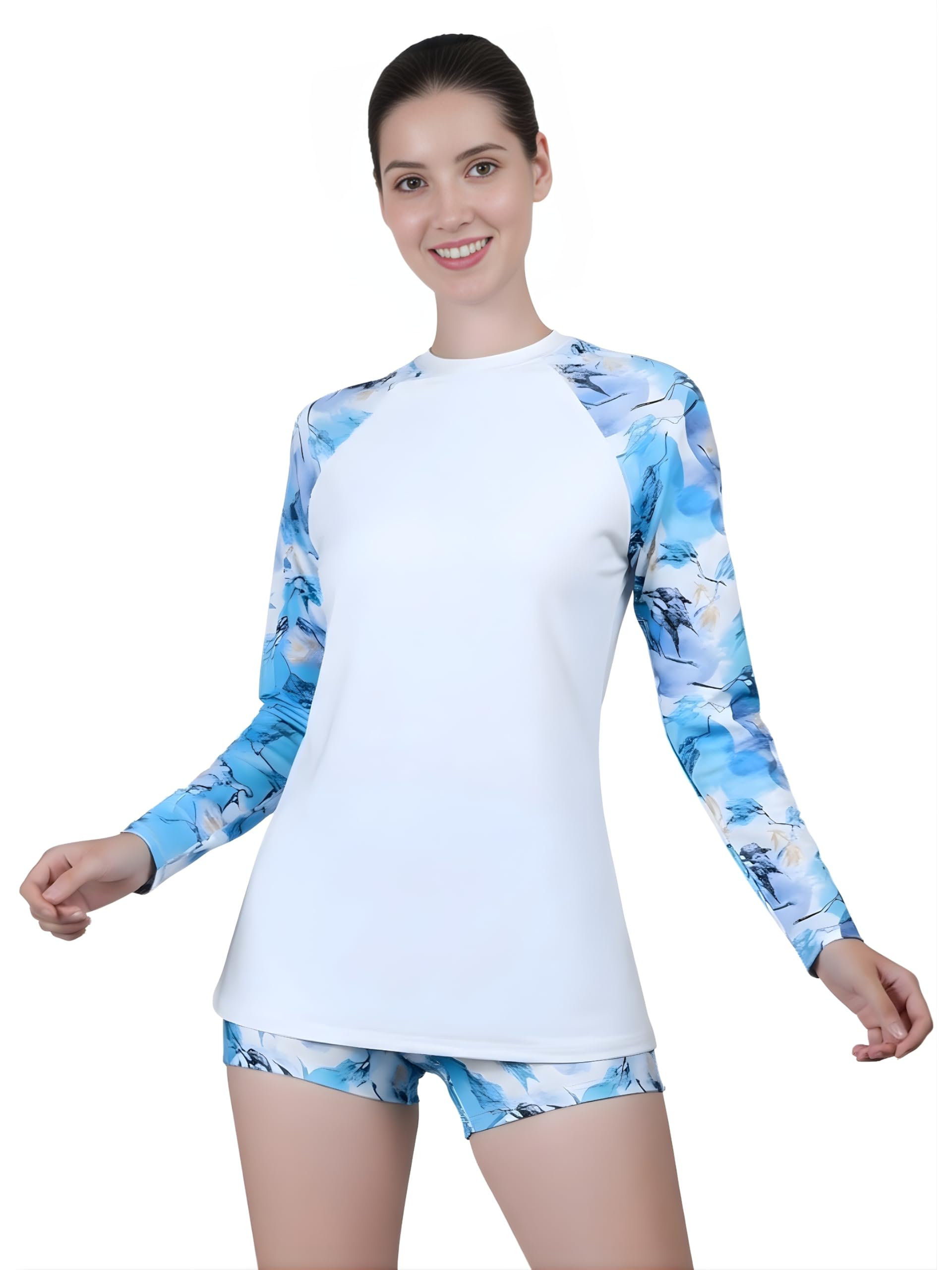 Women Two Piece Rash Guard Swimwear Padded Long Sleeve Swimsuits Swim Shirt Bathing Suit with Boyshort Bottom Swimming Costume