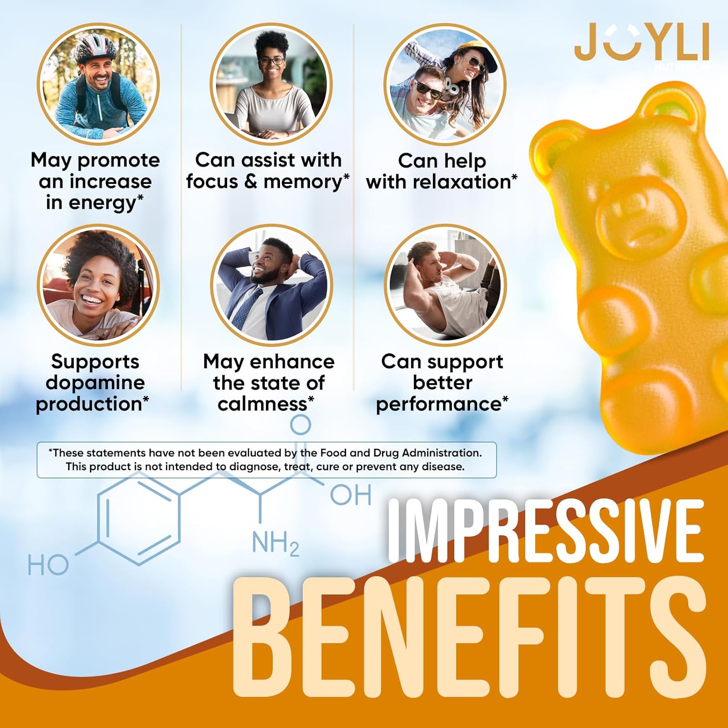 Joyli L Tyrosine Gummies 1000MG - L-Tyrosine Supplement for Kids & Adults - Calm & Focus Gummies for Brain, Memory, Mood, and Energy - 500mg L- Tyrosine Powder per Gummy - Vegan, Gluten-Free - Image 2