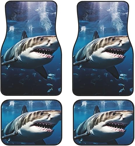 Great White Shark Print Car Floor Mats Non-Slip Front Rear Floor Foot Mats Set of 4 Pieces Carpet Heavy Duty Car Foot Pad Protector for SUV Vans