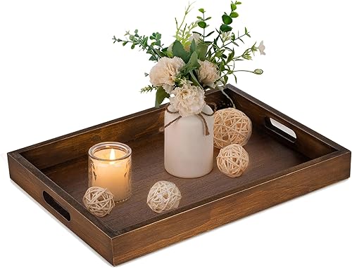 Hanobe Bandeja para servir con asas Juego de 2 bandejas rectangulares de madera decorativas rústicas con asas recortadas para mesa de café,