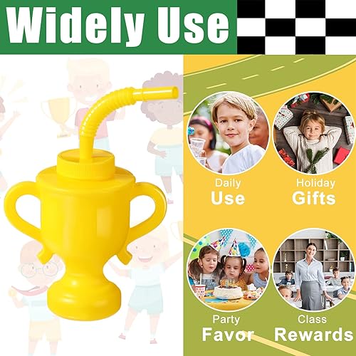 Miniatura 5 de Zubebe 12 tazas de trofeo de auto de carreras con tapas para pajillas, 10 onzas, vasos de plástico reutilizables para fiestas de carreras a granel