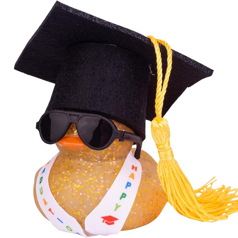 Pato de borracha decorativo para carro com chapéu de formatura, óculos e faixa MuMyer G1-gold-yellow