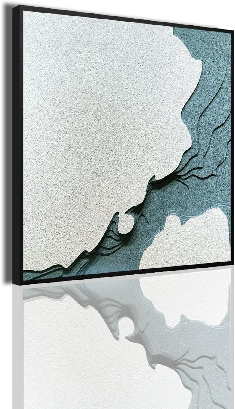 COOLDEI Luxury 3D Textured Abstract Wall Art, Wabi Sabi Style Layered Sandstone Painting, Framed Dimensional Wall Decor for Entryway Dining Room, Contemporary Neutral Tone Artwork Hanging(Blue Island)