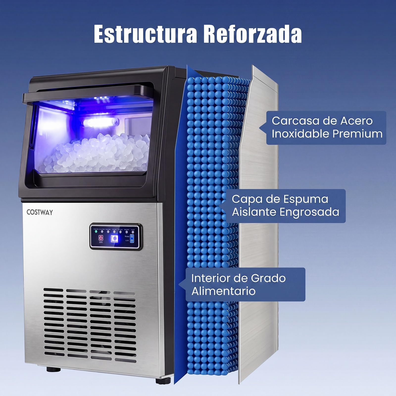 COSTWAY Máquina de Hielo Comercial, 41 kg/Día, Cubitos de Hielo Masticables | Ice Maker, Autolimpieza y Cuchara, Hielera de Acero Inoxidable para Cocina, Bar