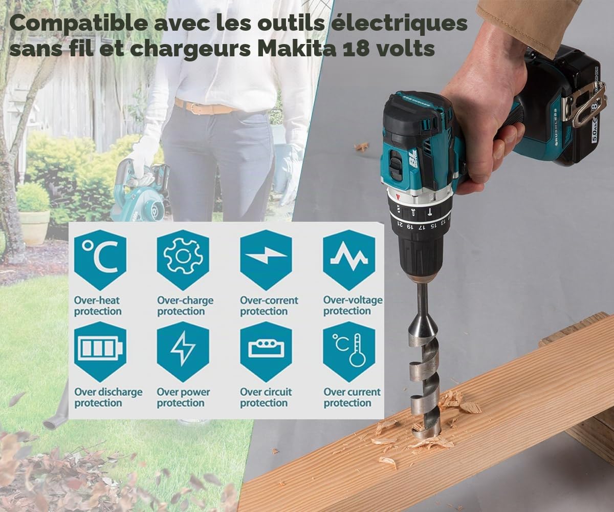 2 pièces BL1850B 18V 5Ah Batterie avec Chargeur DC18RC pour Makita 18V Batterie LXT Lithium-ION BL1860B BL1850 BL1840 BL1830, Compatible avec Radio DMR115 Makita Visseuse 18v