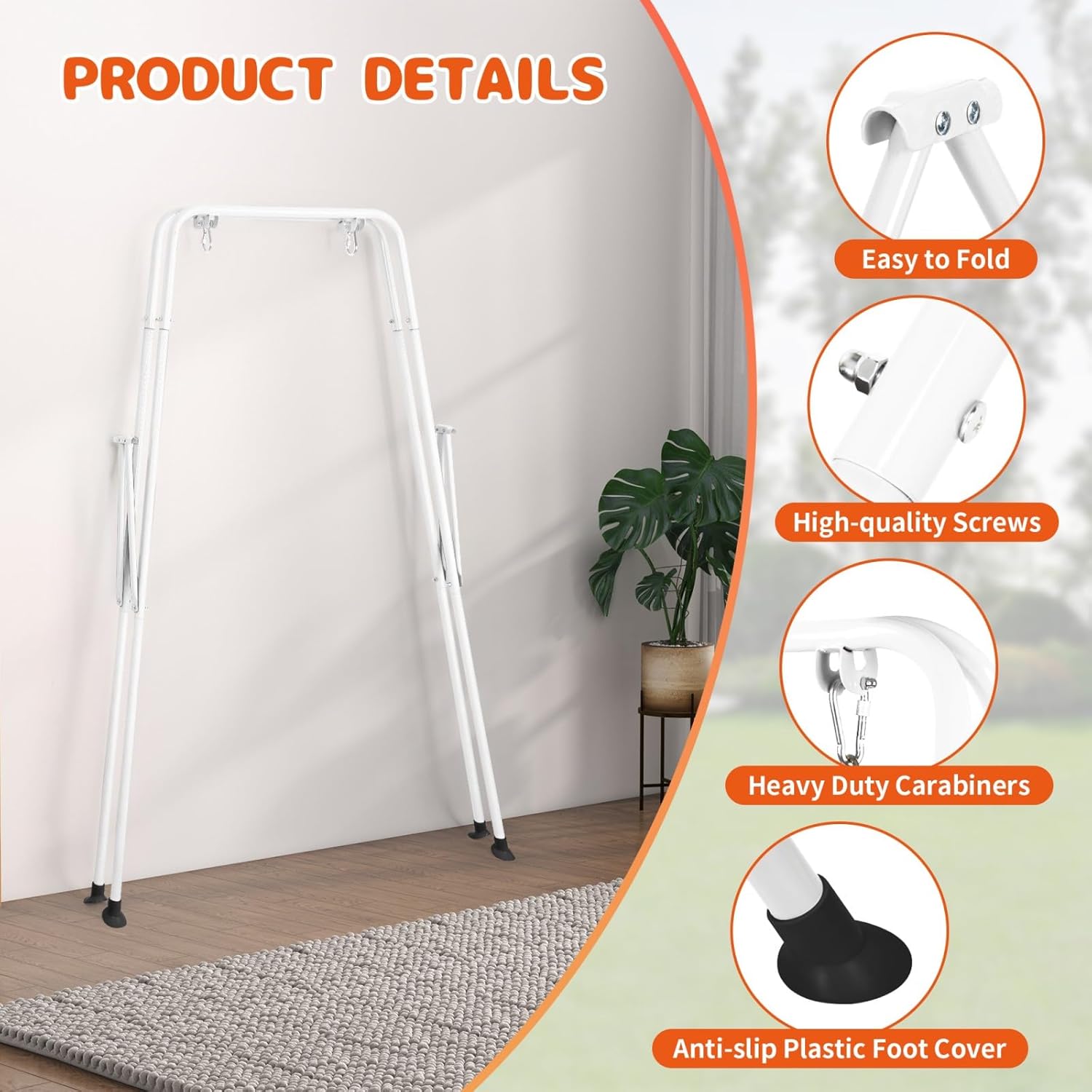 3-in-1 Toddler Swing Set, Indoor & Outdoor Baby Swing Set with Foldable Metal Stand for Backyard, Safe and Durable Design for Aged 1-10 Years, Easy to Assemble & Store (White)