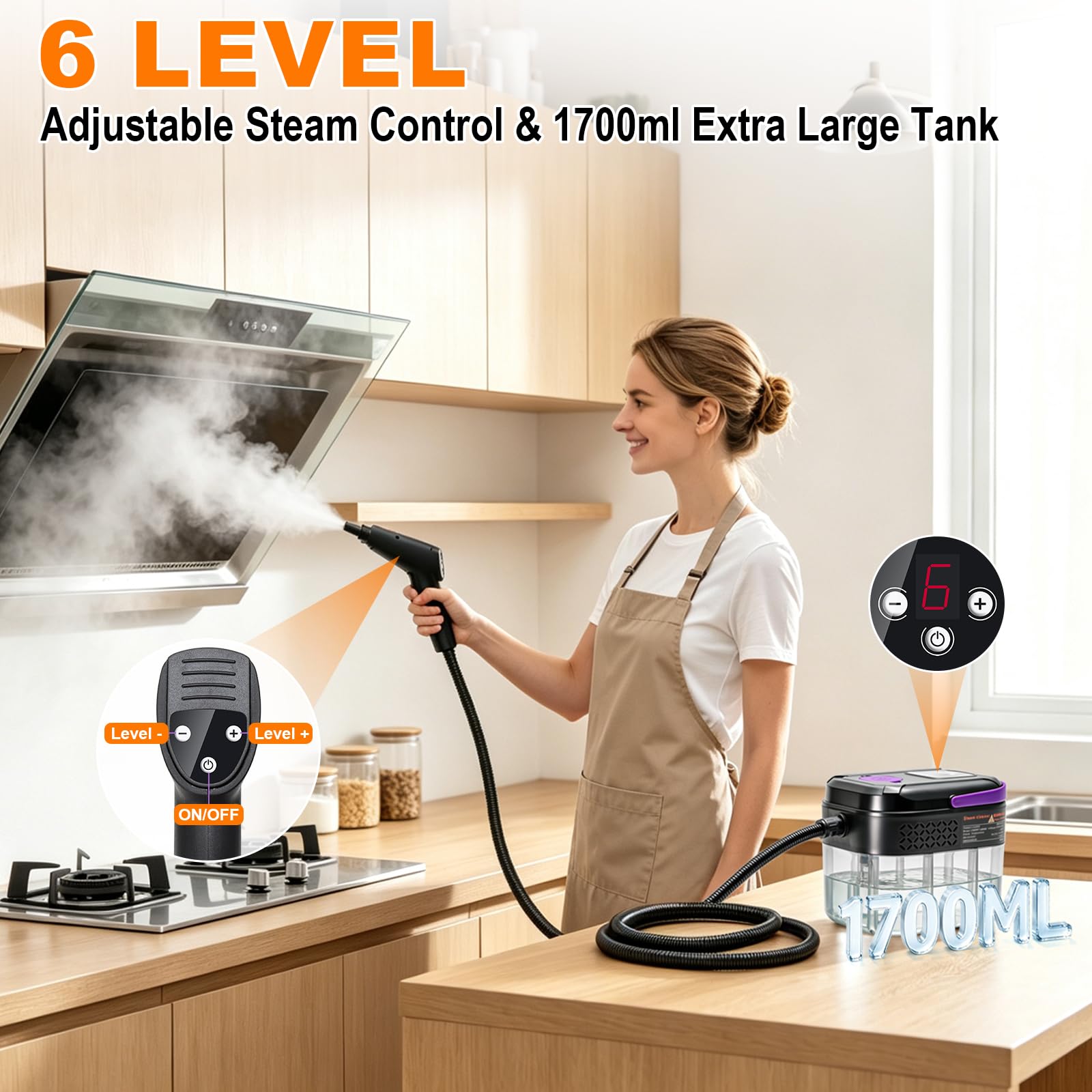 Limpiador de vapor para hogar y coche, 1700ML, 6 niveles, 16 accesorios
