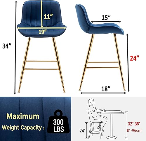 Miniatura 3 de Sidanli Blue - Juego de 2 taburetes de bar de terciopelo de 24 pulgadas con reposapiés, sillas de bar modernas para el hogar, isla de cocina,