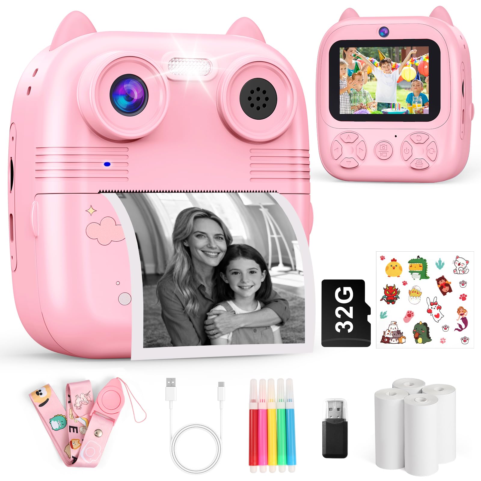 Macchina Fotografica Bambini Istantanea, 48MP e 1080FHD Dual-Camera Obiettivo Fotocamera Digitale con 4 Rulli di Carta da Stampa 2,4 Pollici IPS Schermo di Protezione Oculare 32GB Scheda (Rosa)