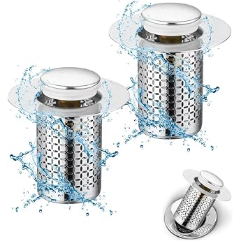 Pack of 2 Stainless Steel Pop Up Drain Strainer Sink Plug Sink Plug Drain Strainer Universal Pop Up Sink Plug with Anti Clogging Strainer for Drain Fitting Sink Kitchen Bathroom