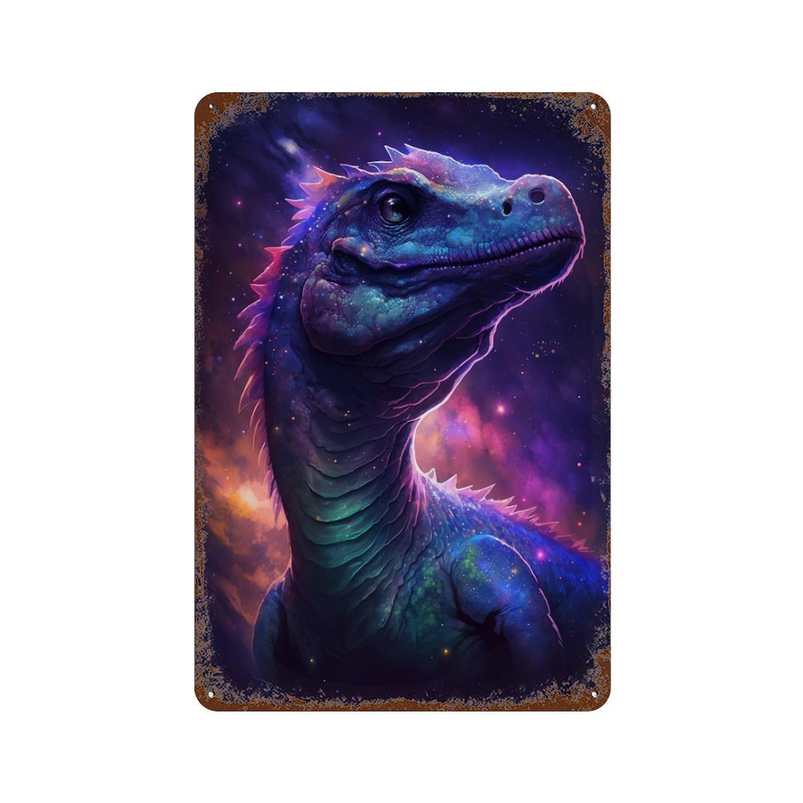 Rust Effect Cosmic Dinosaur Art Print-2 Rustic Tin Plaque 11.8"x7.9", Shabby Chic Decor for Basement, Hobby Room And Garage Decor