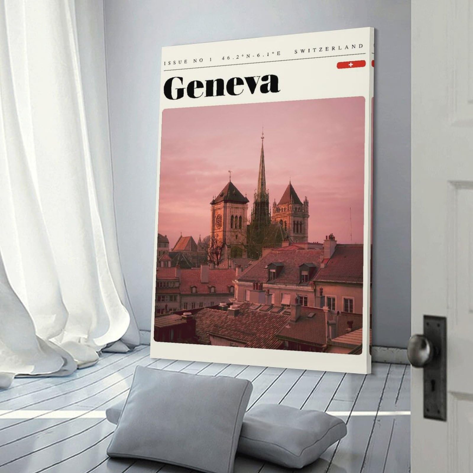 Junmoney Frame-Style-12 Geneva Switzerland Travel Art Hanging Wall Art, 20X30inch(50X75cm), For Bedroom Decor, Cosy Corners Or Studios, An Easy Wall Refresh For Bedrooms