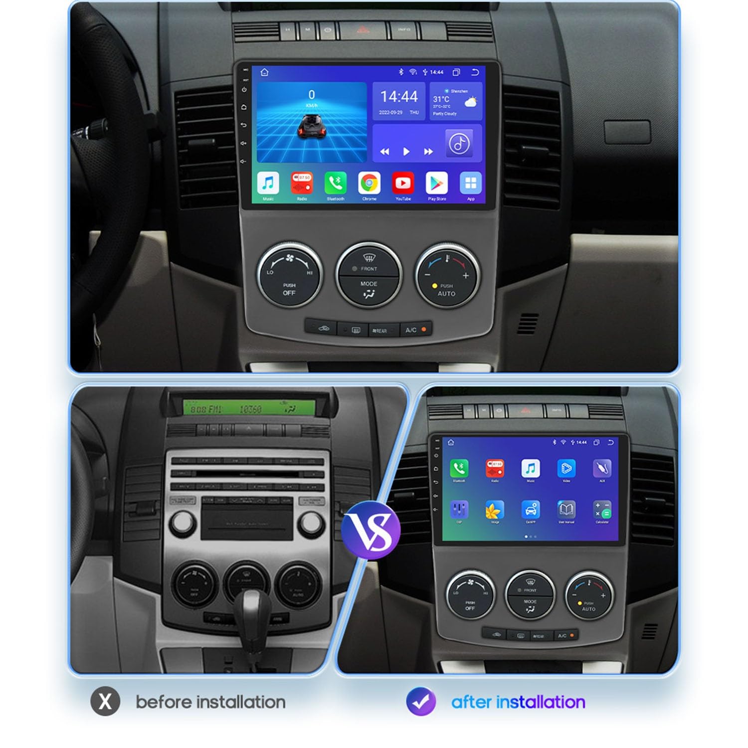 Android 15 CarPlay Android Auto Bezprzewodowe samochodowe stereo do Mazdy 5 2005-2010, 9-calowe radio samochodowe z GPS, WiFi, Bluetooth, FM, RDS, kamera cofania (4-rdzeniowe (1 GB + 32 GB)