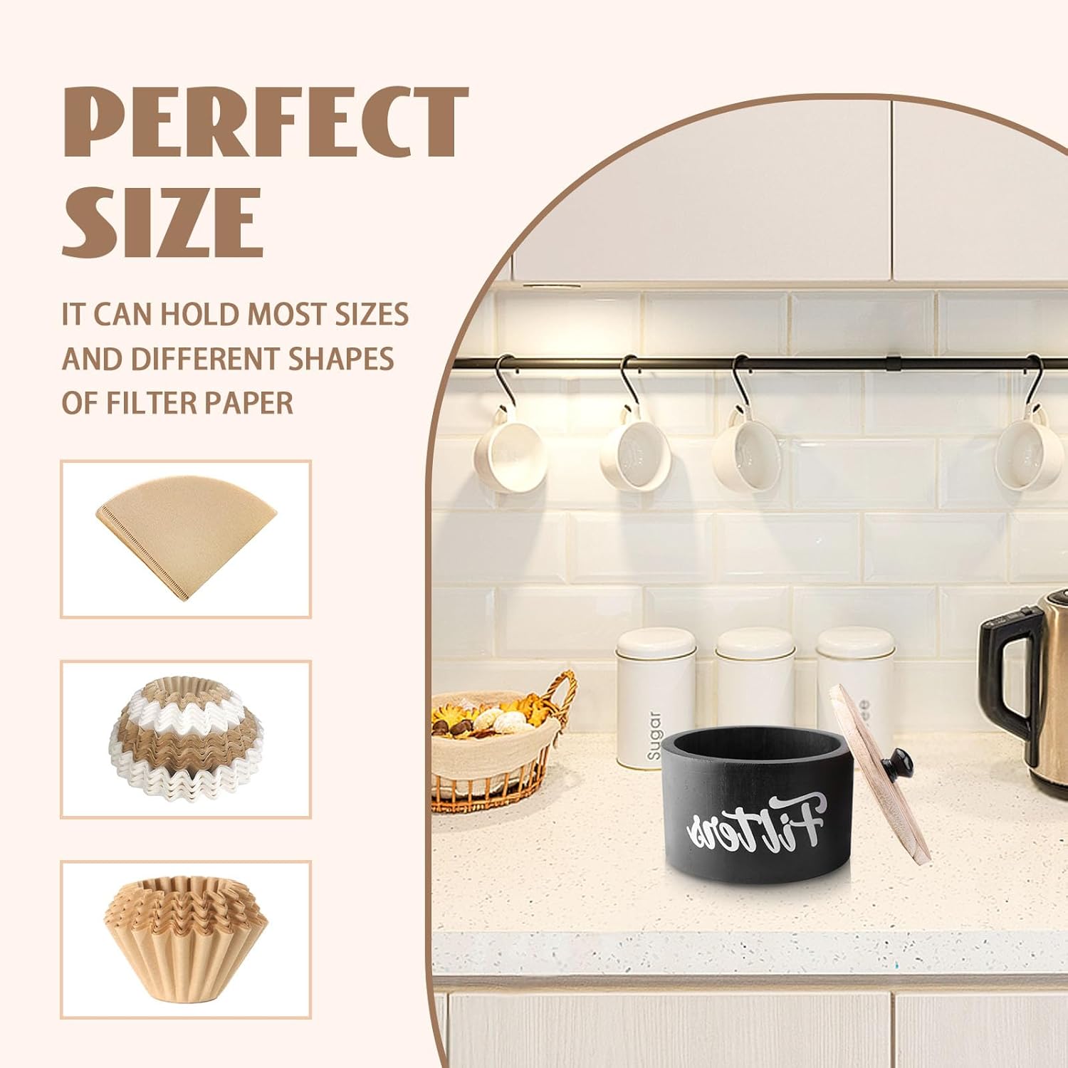 Coffee Filter Holder, Wooden Coffee Filter Container with Lid, Round Storage Basket Pod Holder for Counter Cafe Bar Station Organizer Decor Accessories (Black)