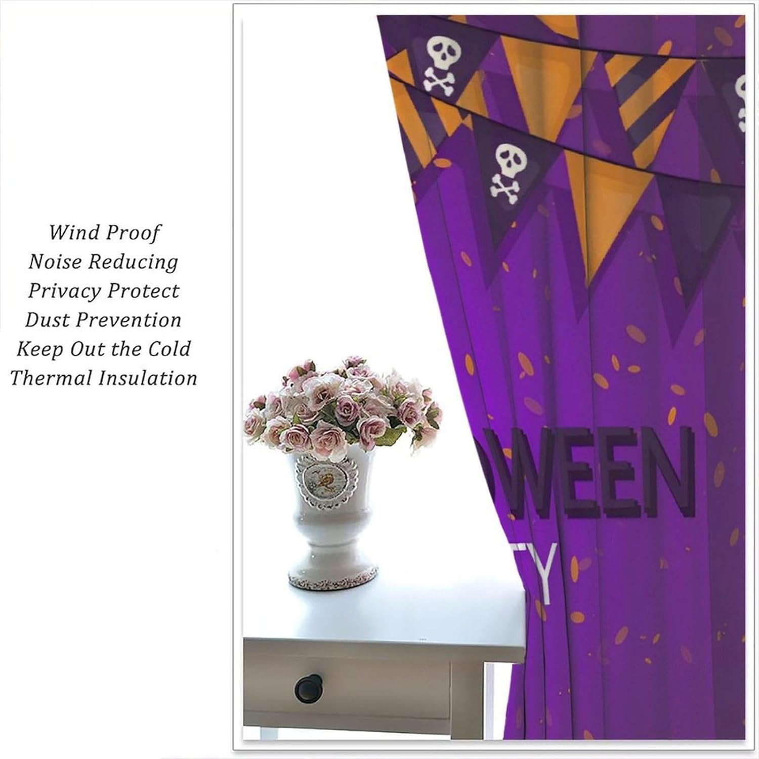 Halloween Party Blackout Curtains, Purple Background Spooky Pumpkin Skull Banners Window Drapes for Party Themed Decor Bedroom Living Room Kitchen Dining, 42" W X 45" L