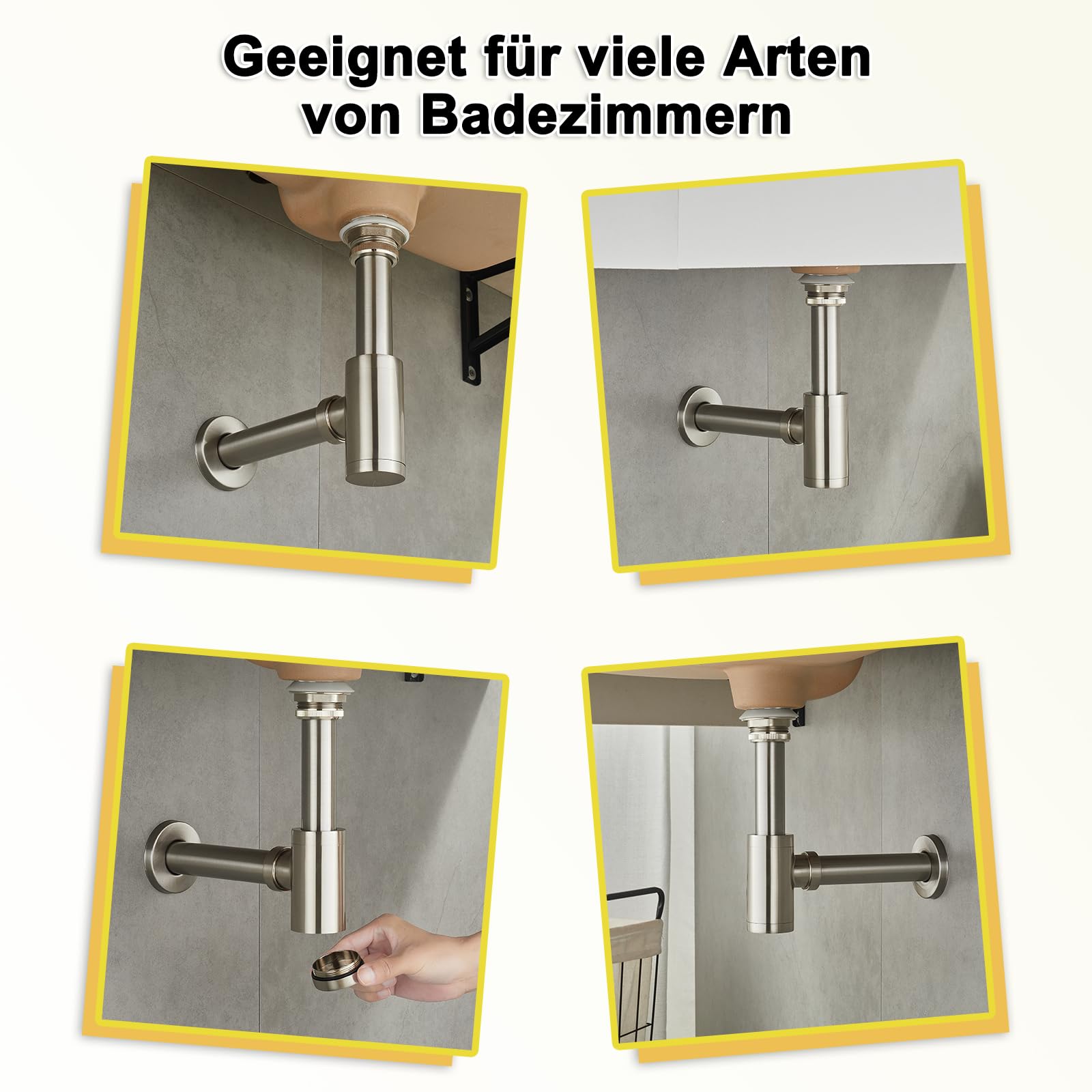 Sifón de diseño con desagüe sin rebosadero para lavabo, sifón universal para lavabo de baño, sifón de latón, sifón pop up, desagüe de lavabo, níquel cepillado