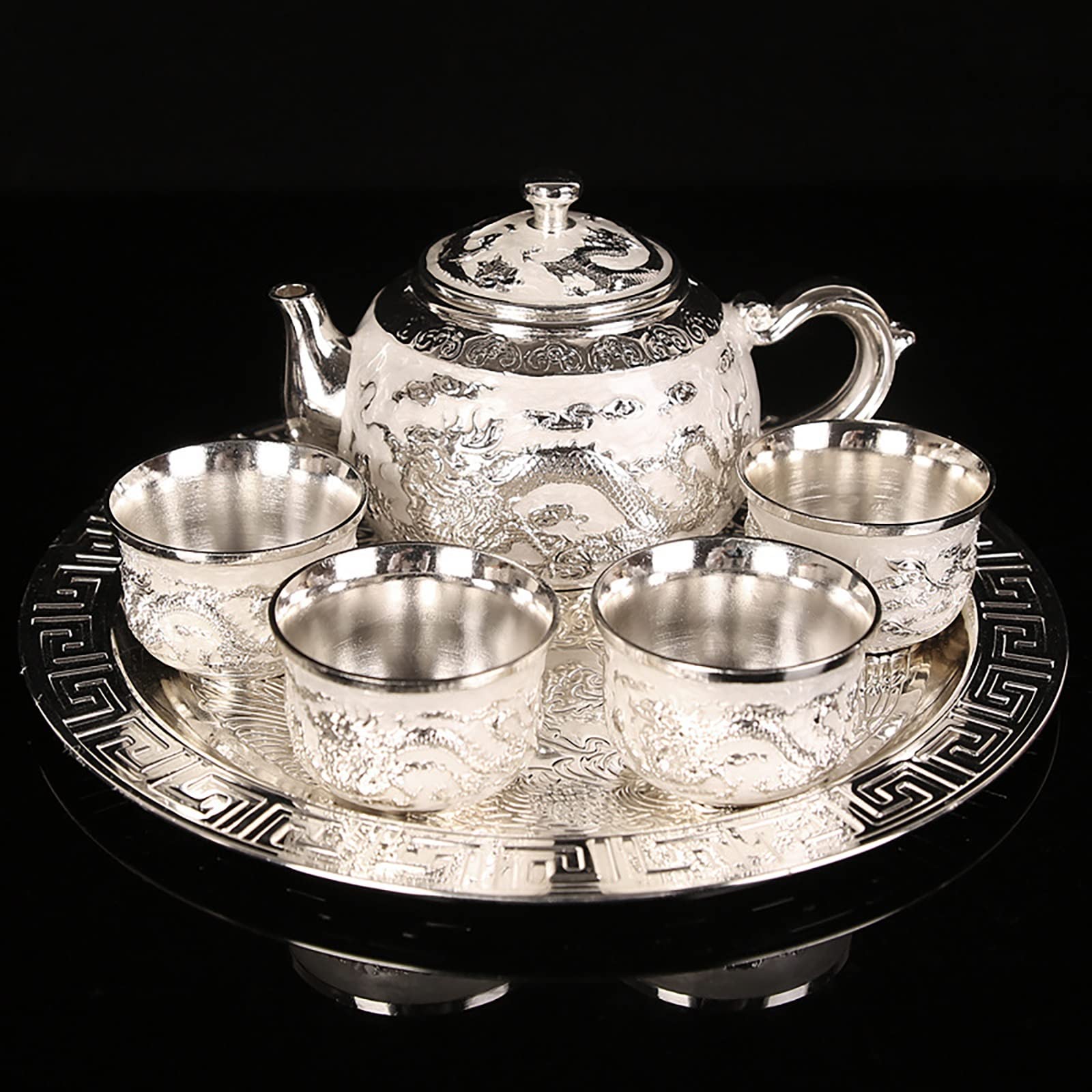 Silver Tea Set of 6,Handmade Vintage Chinese Dragon and Phoenix Tea/Wine Set Includes Teapot Teacups (Color : White Silver)