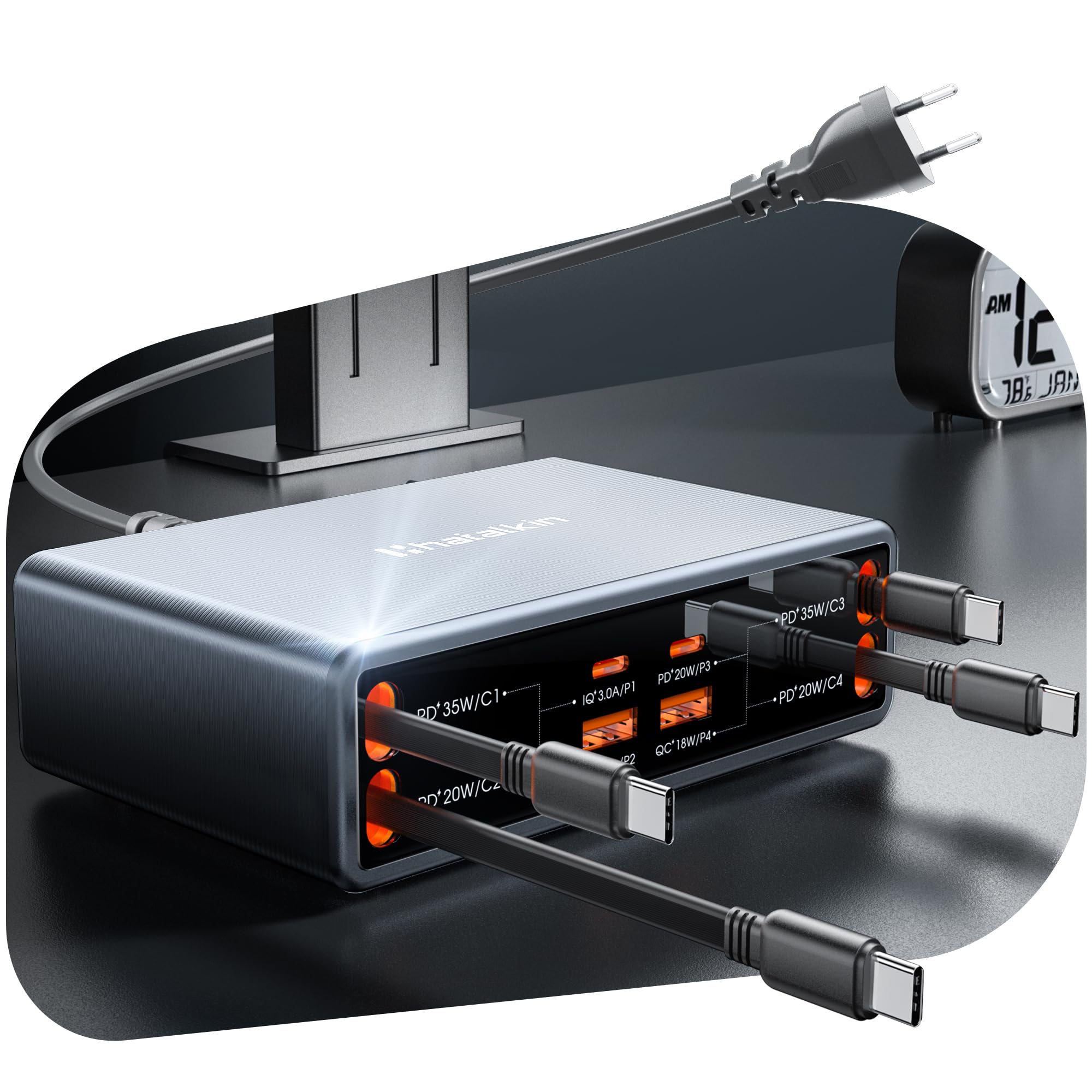 Caricatore retrattile 8 in 1 USB C, stazione di ricarica da 105 W per diversi dispositivi | Stazione di ricarica con 4 cavi retrattili, ricarica rapida GaN, compatibile con iPhone/iPad/MacBook/Galaxy/Pixel