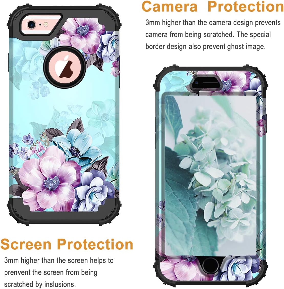 Casetego Compatible with iPhone 6S Plus Case,iPhone 6 Plus Case,Floral Three Layer Heavy Duty Hybrid Sturdy Shockproof Full Body Protective Cover Case for Apple iPhone 6S Plus/6 Plus,Blue Flower