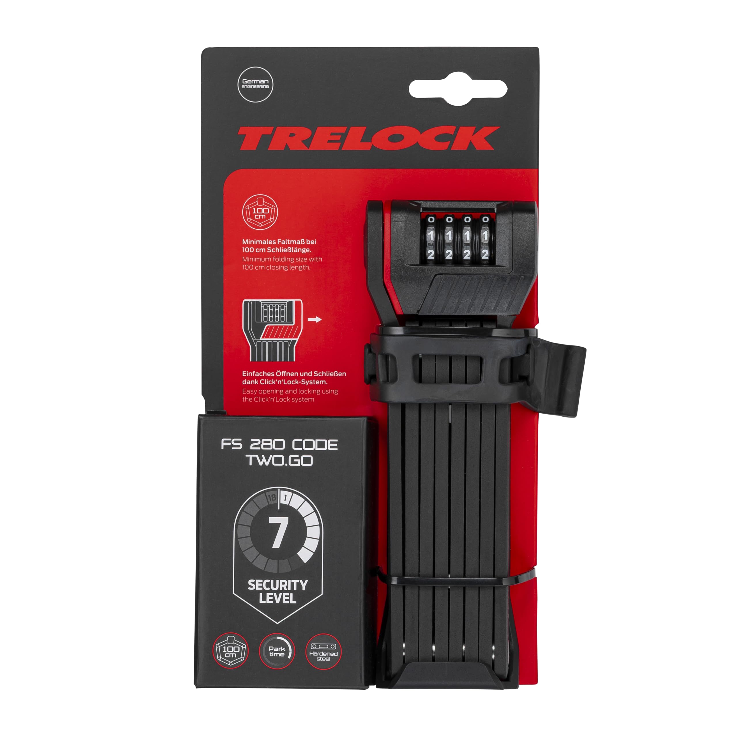 TRELOCK FS 280/100 TWO.GO Code Faltschloss – Länge 100 cm – inkl. X-MOVE-Halter – Sicherheitsstufe 7 – Zahlencode frei einstellbar
