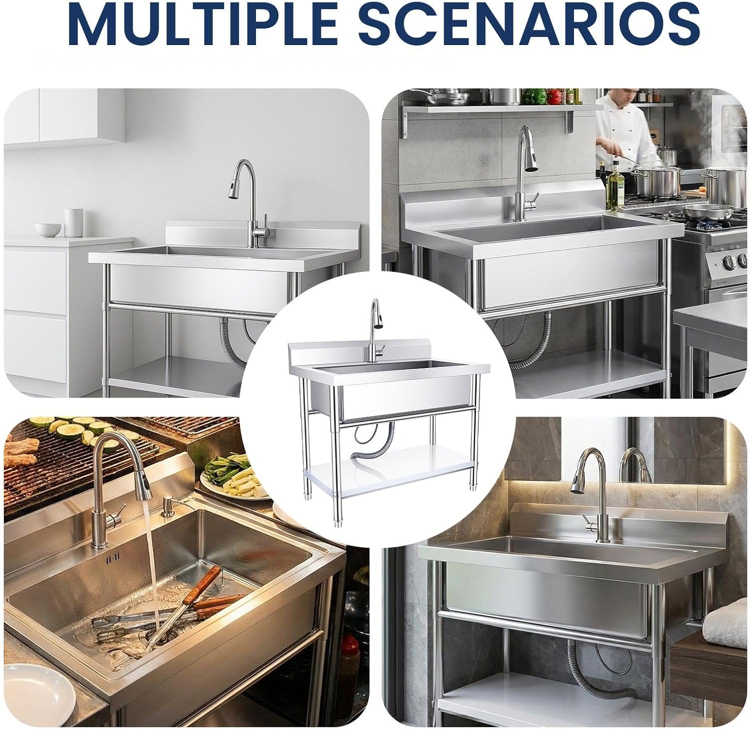 40-Inch Commercial Utility Sink, Stainless Steel Stand Alone Unit with Pull-Out Faucet & Hose Kit, Heavy Duty 23" Deep Bowl for Garage, Workshop, Utility Room, Garden, Outdoor