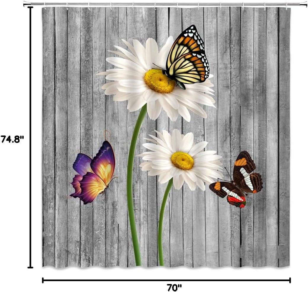 Rustic Daisy Shower Curtain Farmhouse White Daisy Flower Butterfly Vintage Gray Wooden Barn Door Farm Spring Flower Nature Botanical Retro Countryside Bathroom Decor Fabric Curtain with Hooks