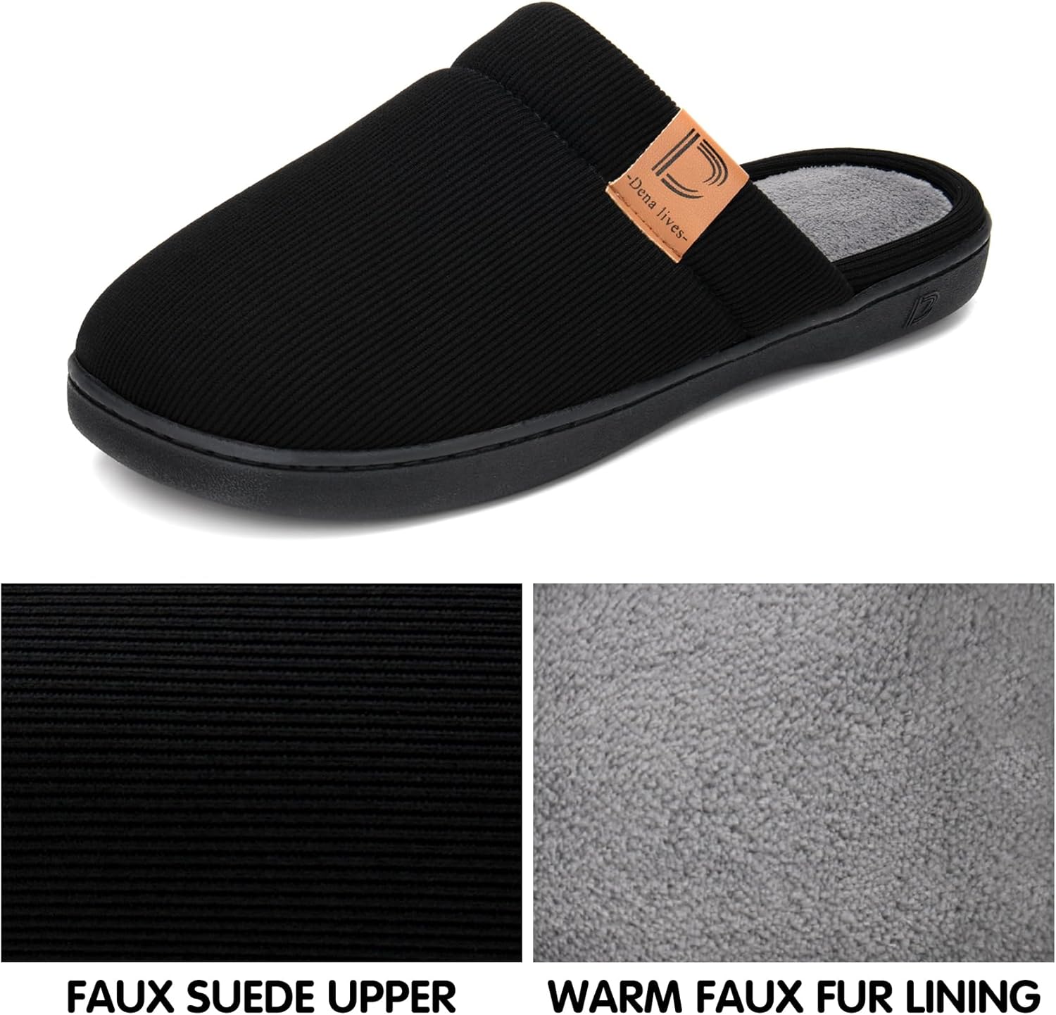 DL Men's Memory Foam Slippers with Fuzzy Plush Lining, Slip on House Slippers with Indoor Outdoor Anti-Skid Rubber Sole - Image 4
