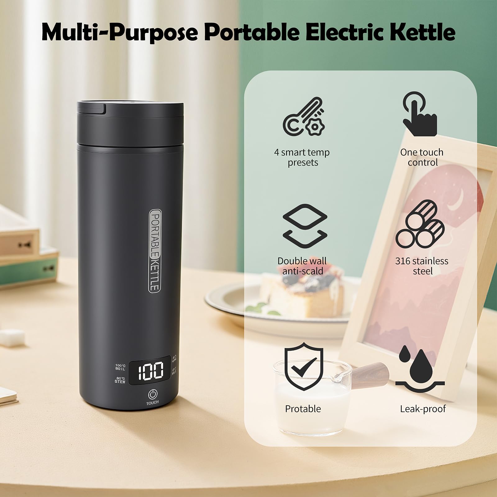 Bouilloire électrique portable de voyage, 450 ml, avec 4 régulateurs de température, arrêt automatique et protection à sec, en acier inoxydable 316, 4 régulateurs de température (Gris)