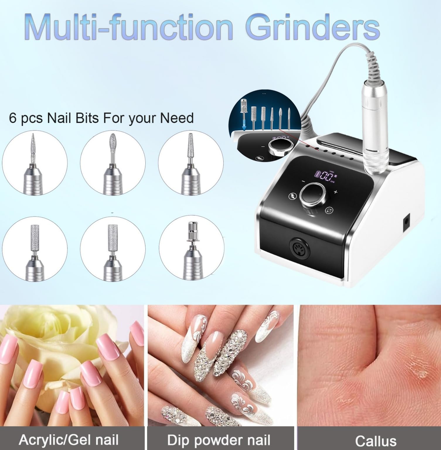 Torno para Uñas Eléctrico Profesional Lima de Uñas Eléctrica Portátil Recargable Drill para Uñas 35000 rpm Kit de Manicura y Pedicura Con Pedal + 6 Brocas Lima para Salón y Uso Doméstico-Blue