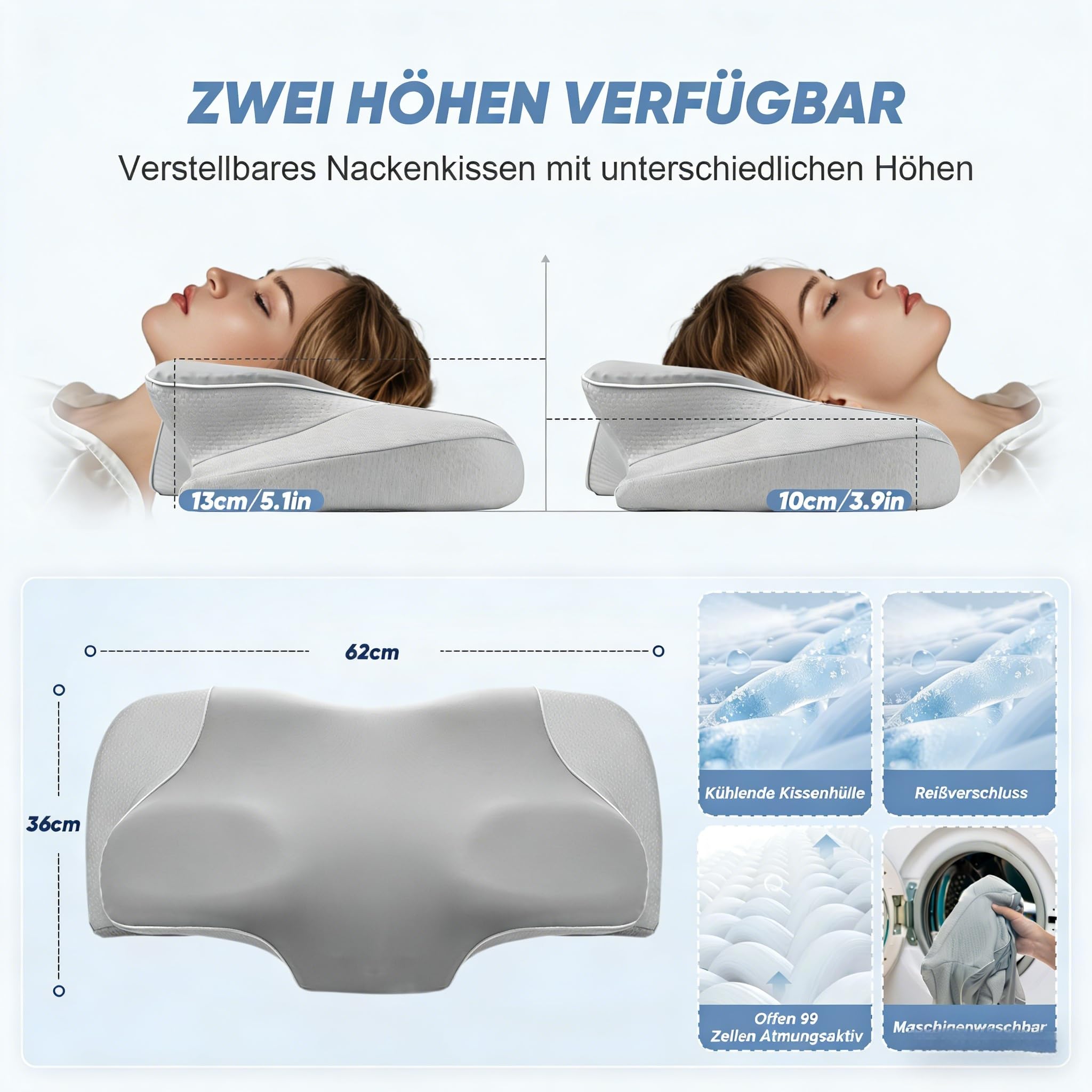 Ergonomisches Nackenstützkissen (HWS) – Premium Memory Schaum Kopfkissen für Seitenschläfer – Orthopädisches Schlafkissen zur Nackenentlastung mit 2 Höhen & atmungsaktivem Öko-Tex Bezug