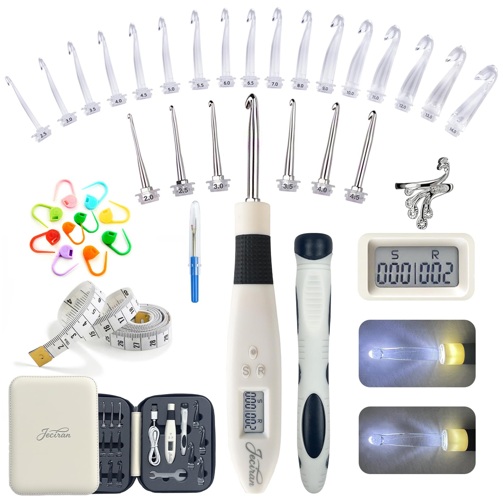Jeciran Light Up Crochet Hook Set with 24 Interchangeable Crochet,Lighted Crochet Hooks Complete Set for Stitch & Row Counter Micro Crochet Gifts with Case