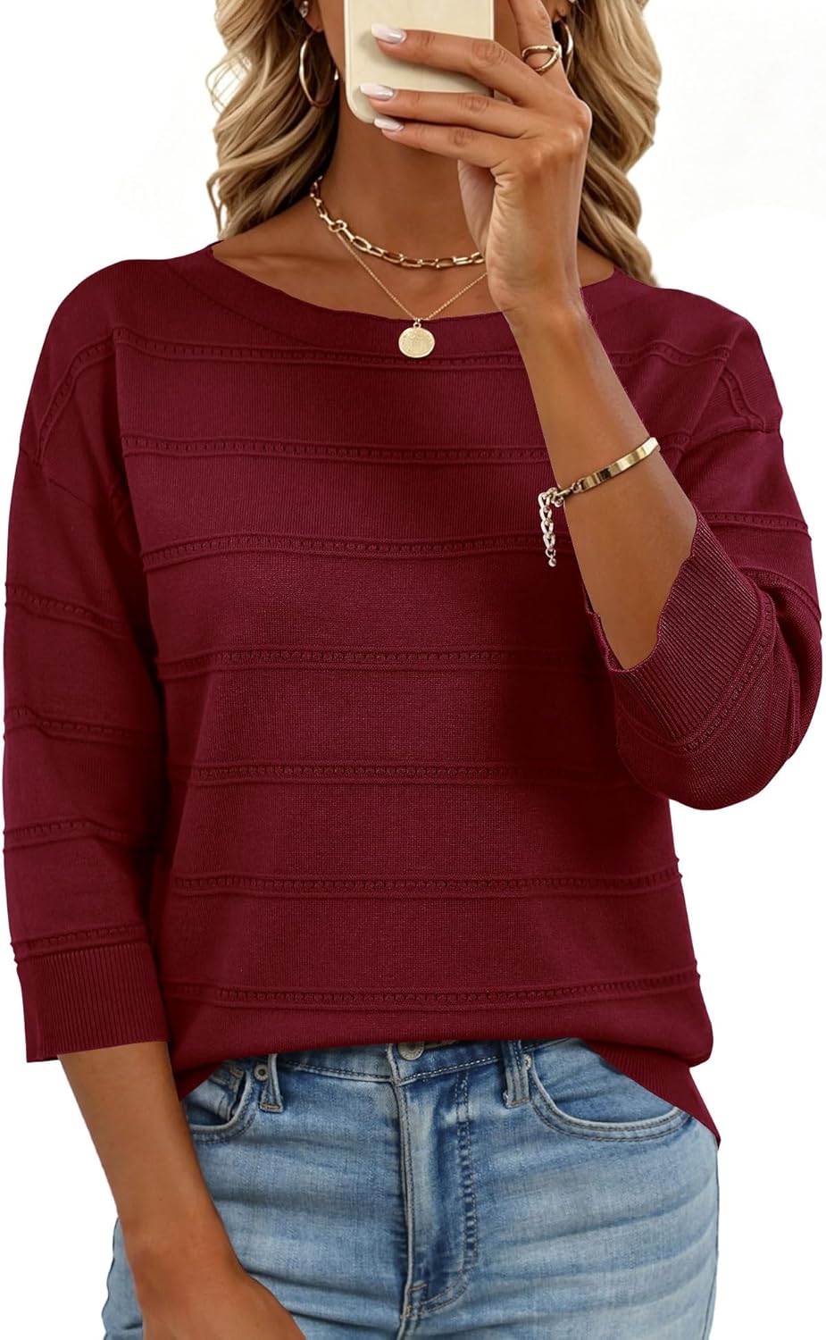 LOMON Womens Sweaters Casual Boat Neck 3/4 Sleeve Lightweight Knit Trendy Pullover Sweater Summer Tops S-XL