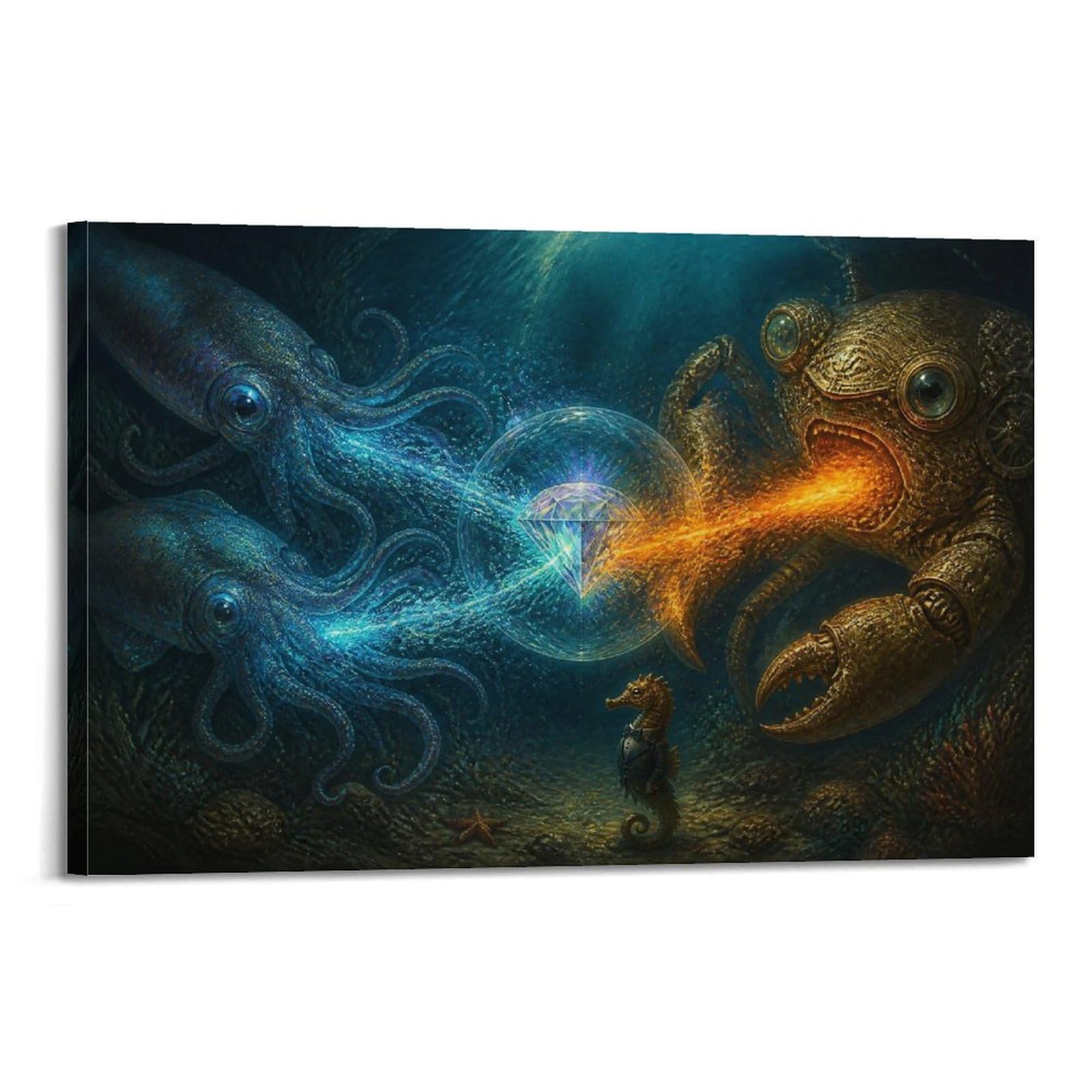 XKUGA Surreal Underwater Animal Poster Octopus Crab Fantasy Battle Modern Decorative Canvas Prints - Ideal Wall Art for Family, Man Cave, Game Room, Boys & Girls Bedroom 20x30inch(50x75cm)