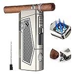 FANKAI Cigar Lighter 4-Torch Jet Flame - Cigar Punch, Holder, Draw Enhancer, Windproof Refillable Butane Lighter with Gift Box, Multi-Functional Smoking Accessories