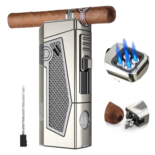 Cigar Lighter 4-Torch Jet Flame - Cigar Punch Holder Draw Enhancer Windproof Refillable Butane Lighter with Gift Box