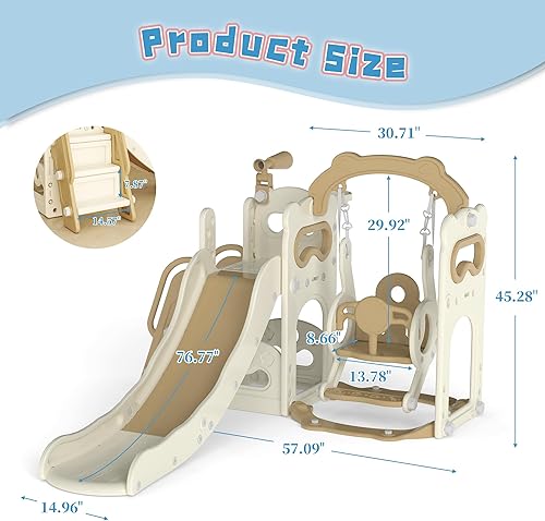 Miniatura 3 de Parque infantil 6 en 1 con columpio, toboganes para niños con escalador, aro de baloncesto, telescopio y espacio de almacenamiento, tobogán para