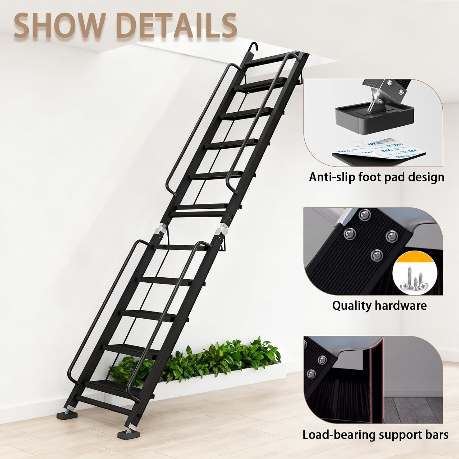 Foldable Aluminum Loft Stairs Ladder, 8 Step Folding Bunk Bed Ladders with Handrails, Portable Anti-Slip Egress Attic Ladders, Floor-Mounted Metal Roof Access Step Ladder for Dorm RV Home Attic Stair
