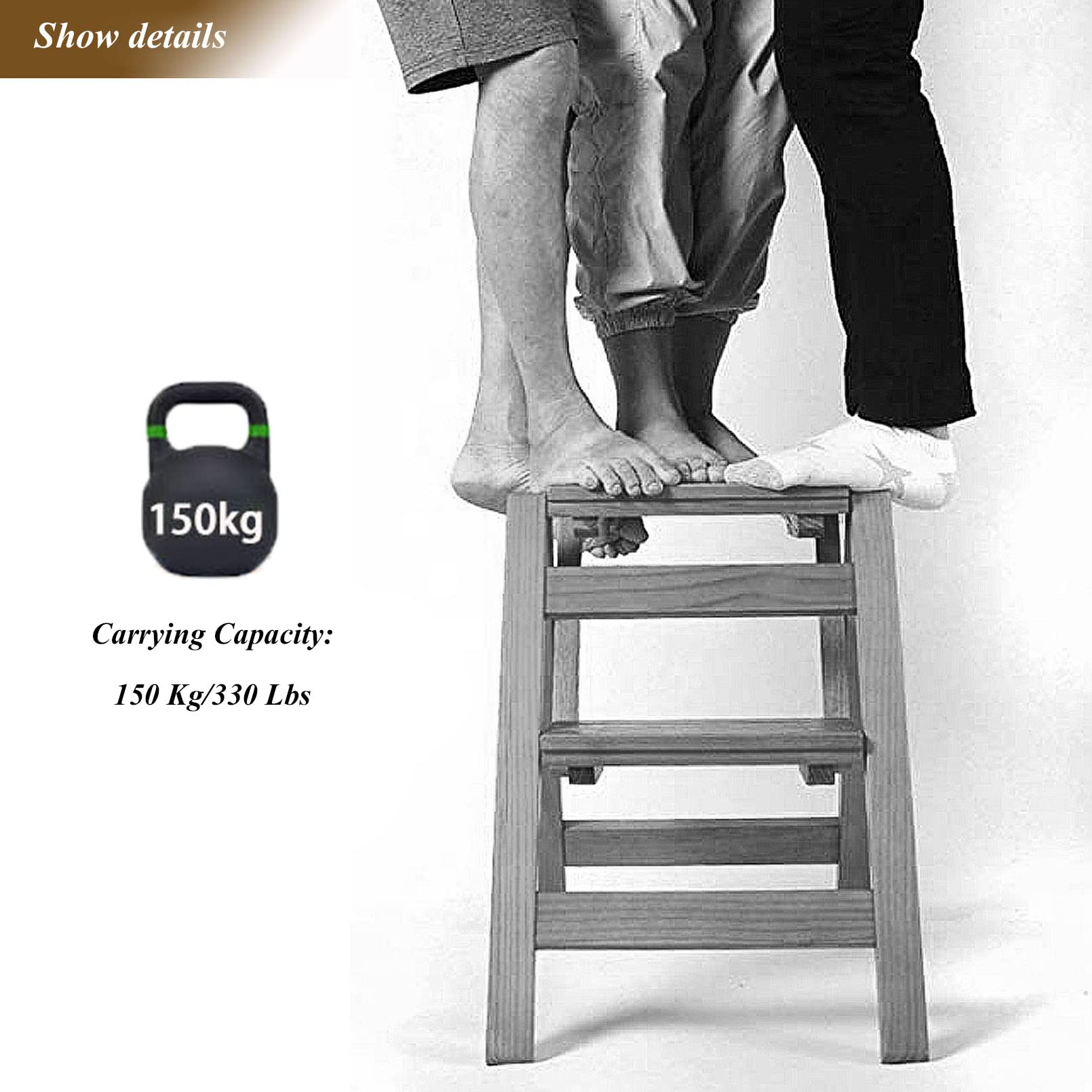 2-stufige Leiter, zusammenklappbarer Tritthocker aus Holz, rutschfest, stabil, kompakt, mit breitem Pedal, Aufbewahrungsregal, Pflanzentöpfe, für Zuhause, Küche, Garten, Büro, 330 lbs