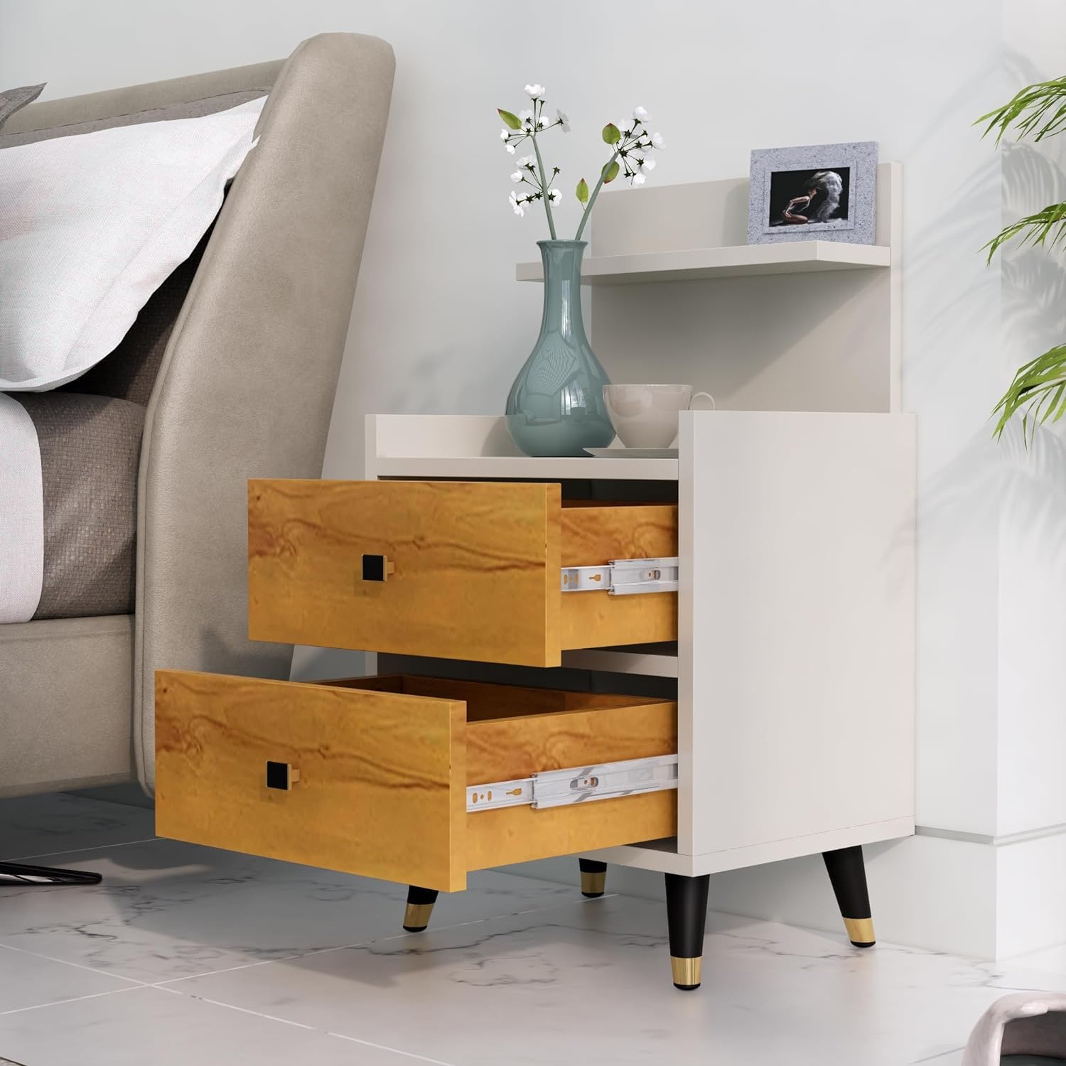 Hexa Red Bed Side Table for Bedroom, Bookcase Nightstand Side End Table for Bedroom, Bedside Table, Small Side Table, Side Table for Bedroom, with Metal Legs (Frosty White & Giant Wood)-image-32