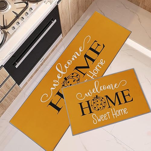 Home Sweet Home - Juego de 2 alfombras y tapetes de cocina antideslizantes y lavables, alfombra de pasillo de cocina de calabaza naranja otoñal,