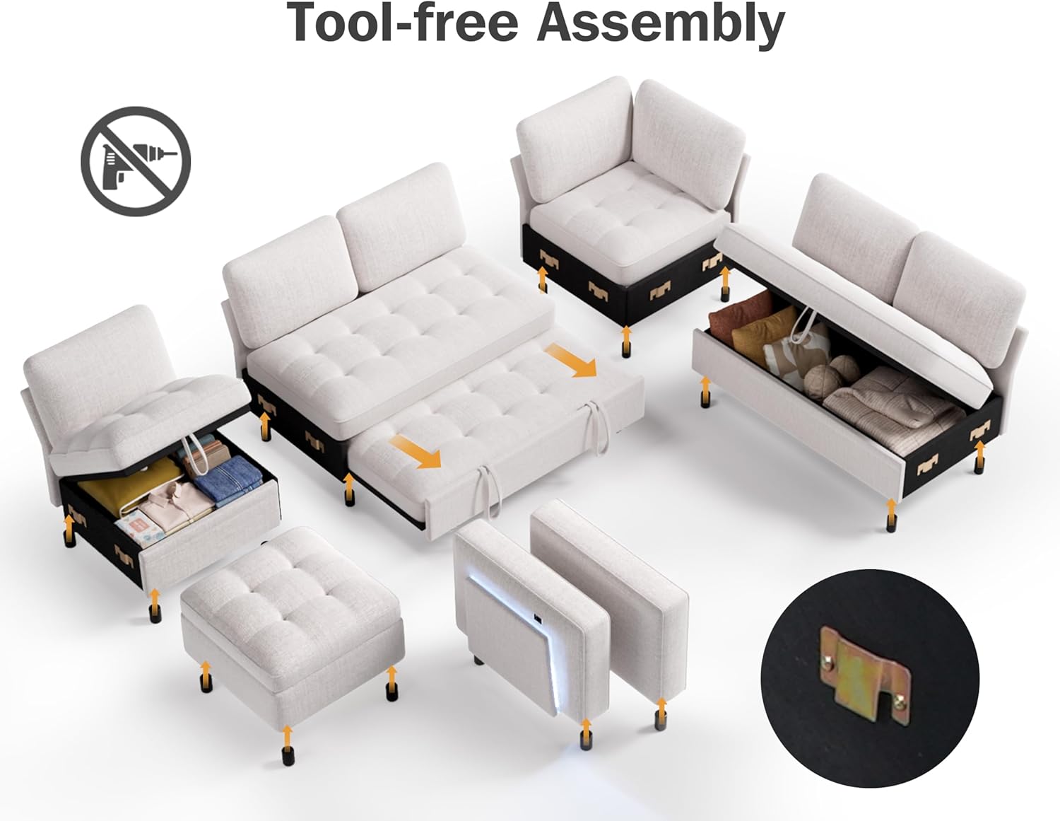 Vipbear 7 Seat L Shaped Modular Sectional Sleeper Sofa Bed with Ottoman/Pull Out Bed/Reclining Backrest/USB Ports/Table/LED Light/Storage Seat, Tool-Free Assembly, Chenille Beige Beige Sleeper Sofa-2