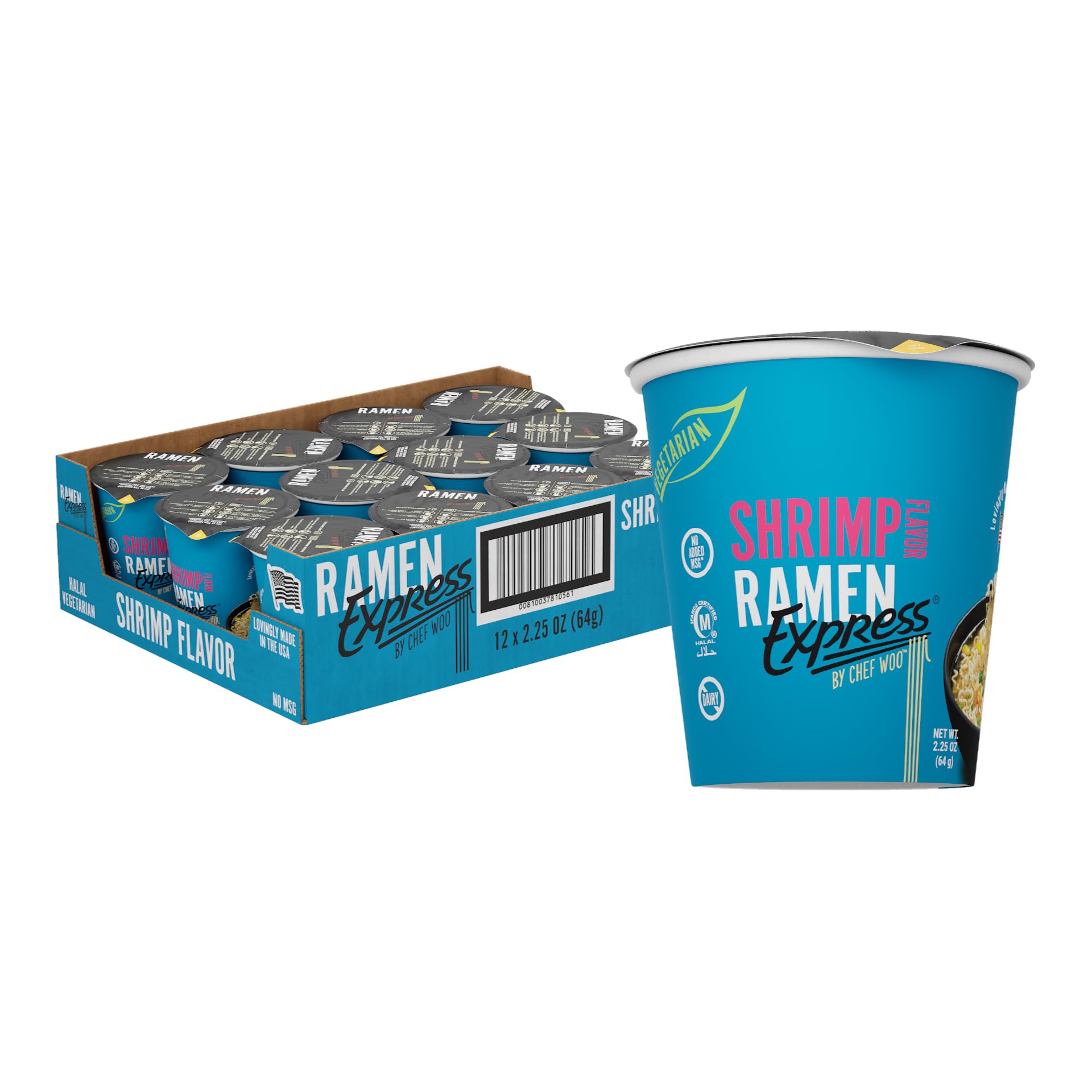 RAMEN EXPRESSShrimp Flavor Ramen Cup Noodle, 2.25 Oz Each (Pack Of 12) | Animal-free Ramen Noodles | All Plant-based | Made in U.S. with finest American flour