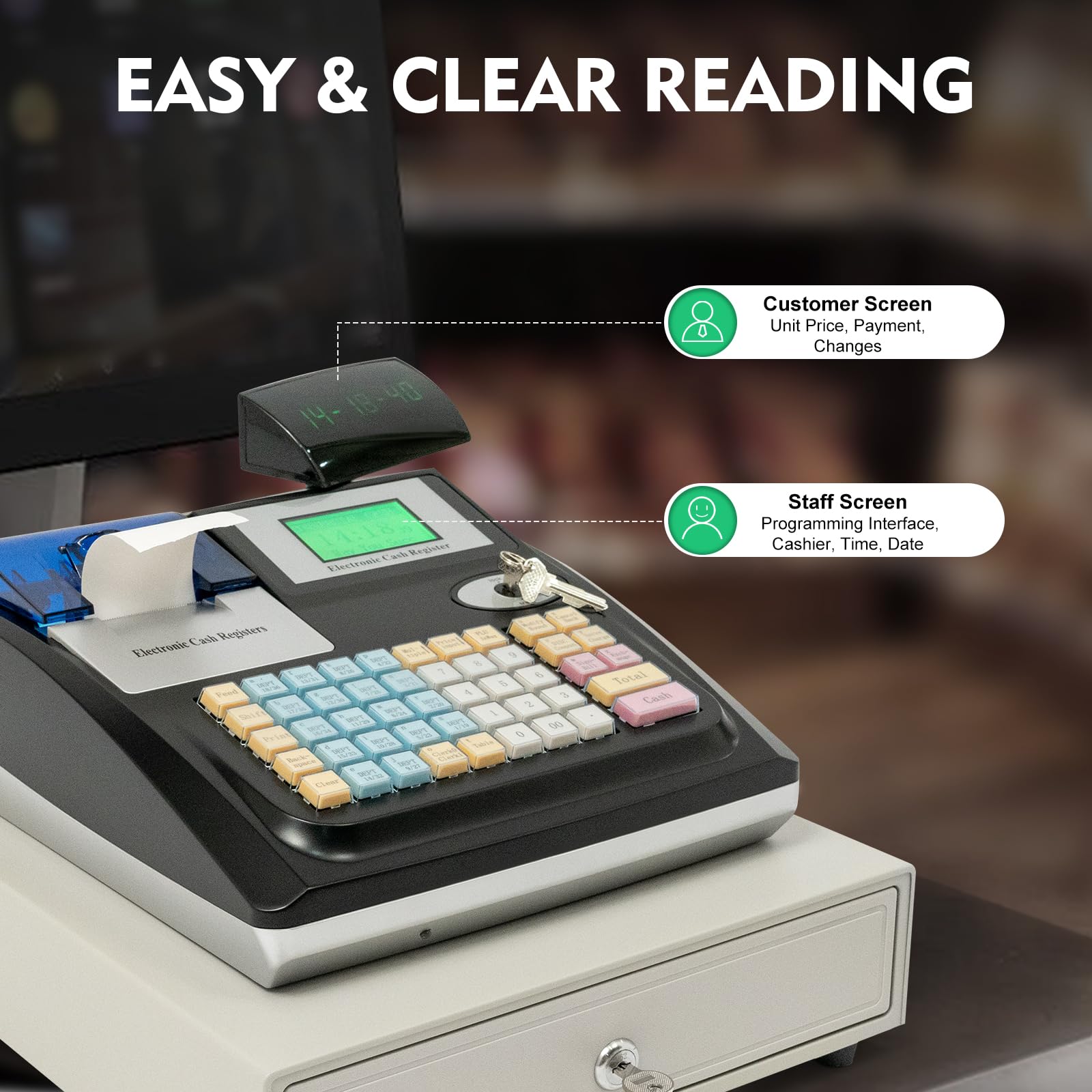 Caja registradora electrónica con 48 teclas, pantalla digital de 40W. Caja registradora electrónica para comercio minorista, hostelería y supermercado